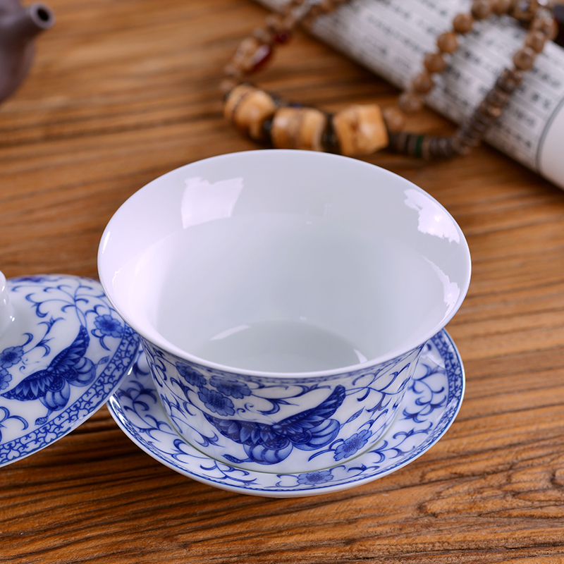 Jingdezhen blue and white porcelain covered bowl bowl ceramic bowl three begin kung fu tea set to catch a pot of tea bowl bowl is large