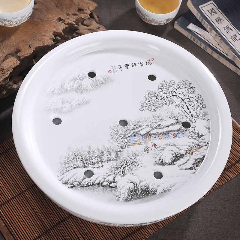 Jingdezhen ceramic tea set a complete set of embossment snow scenery kung fu tea tea pot with big capacity tea tray saucer