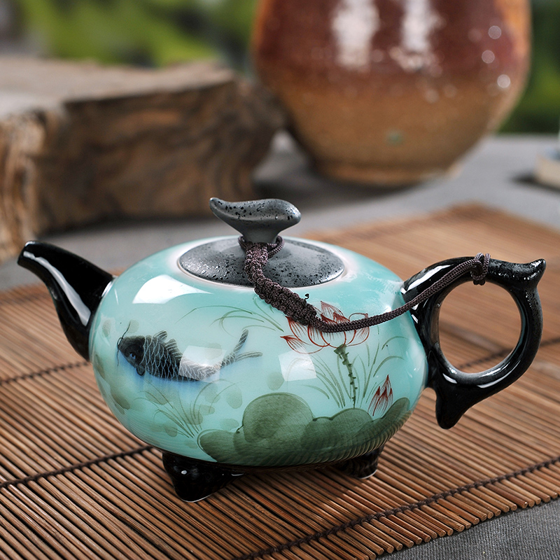 Jingdezhen ceramic kung fu tea set celadon carp teapot teacup hand - made lotus tea set a complete set of gift boxes