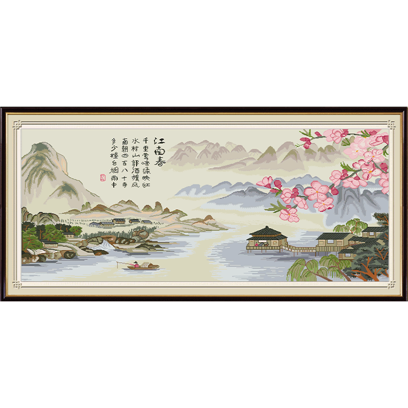 Jiangnan spring cross stitch 2024 new thread embroidery ຂະຫນາດໃຫຍ່ແບບຈີນຄລາສສິກສີພູມສັນຖານຫ້ອງດໍາລົງຊີວິດຂະຫນາດໃຫຍ່ການຖັກແສ່ວເຕັມ