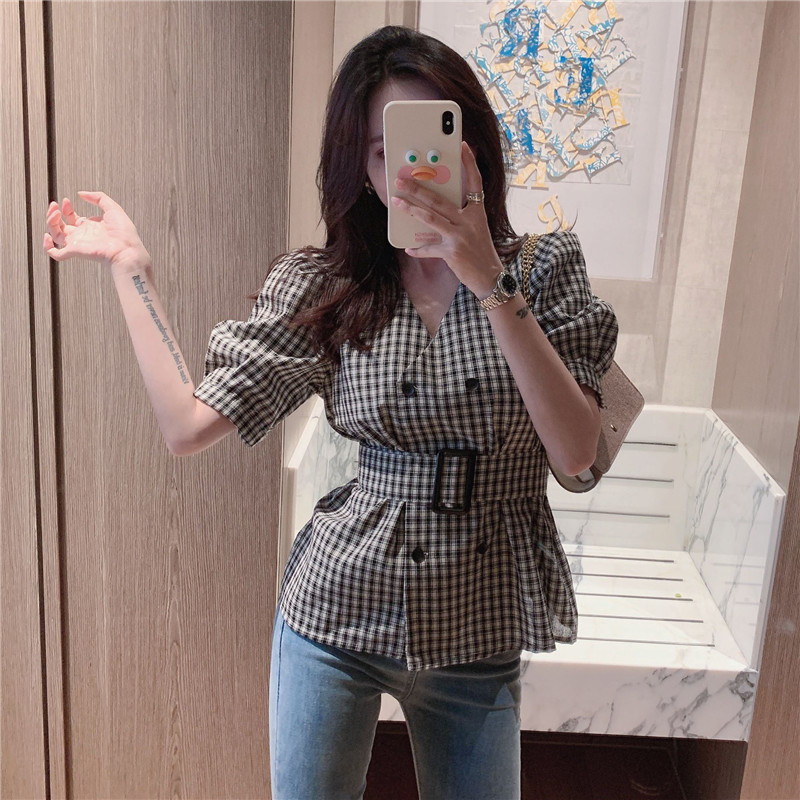 VK旗艦店 韓系時尚格紋收腰綁帶襯衫短袖上衣