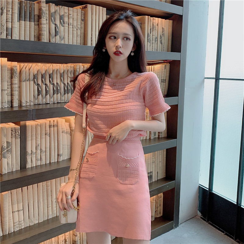 VK旗艦店 韓系復古名媛針織鏤空套裝短袖裙裝
