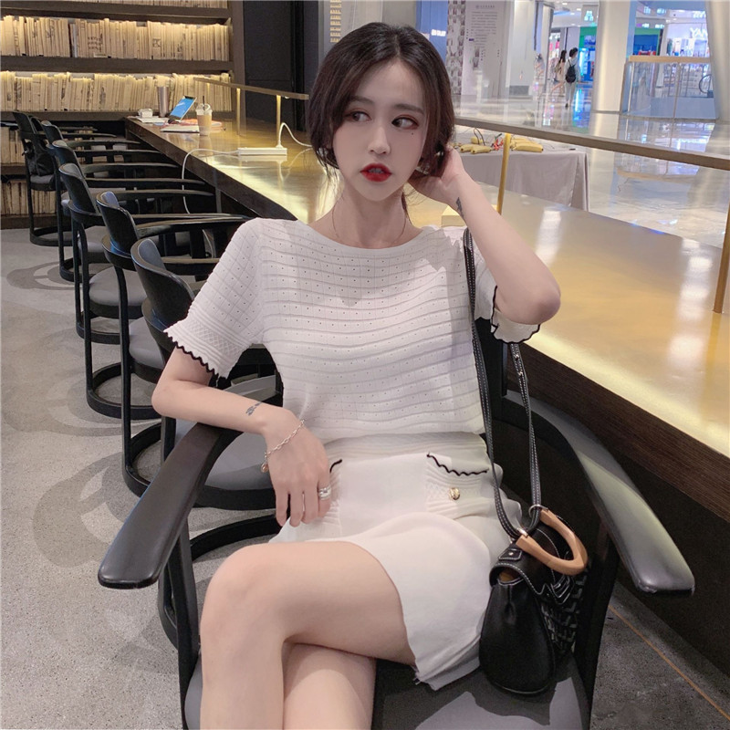 VK旗艦店 韓系復古名媛針織鏤空套裝短袖裙裝