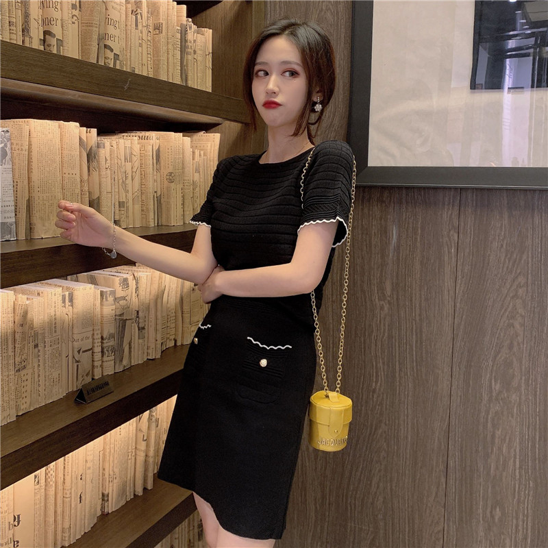 VK旗艦店 韓系復古名媛針織鏤空套裝短袖裙裝