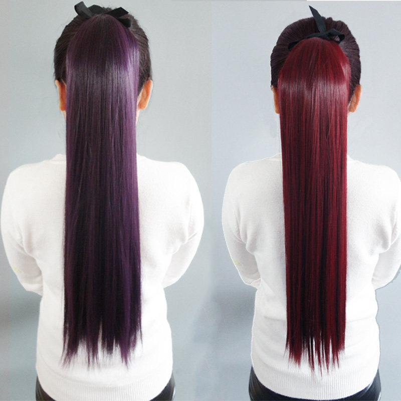 Wig female wine red lace grape purple straight ponytail realistic simulation hair lace-up long straight hair ponytail