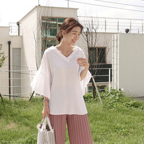 (Korea) womens new V-neck lotus leaf sleeve short loose simple solid color pullover shirt G3243