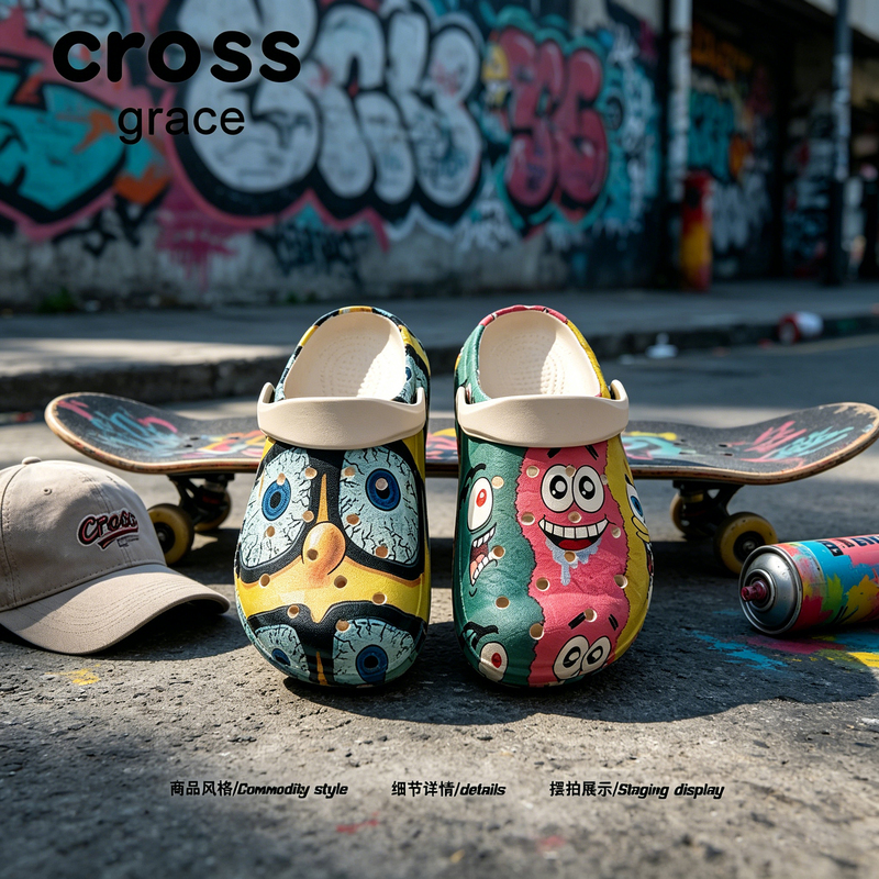 【Street Fashion】Crossgrace Summer Cartoon Graffiti Print Clogs Unisex Outdoor Trendy Shoes
