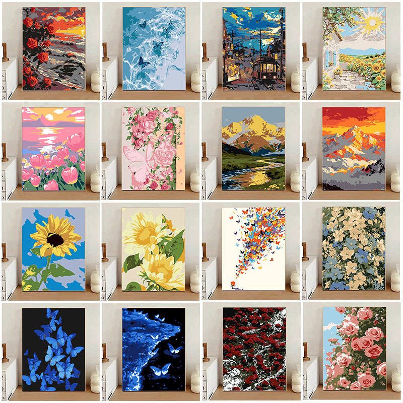 DIY Digital Oil Painting Sailboat Seascape Rose Flower Decorative Painting Hand-Painted Painting with Frame