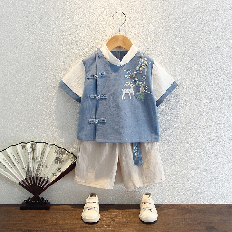 Hanfu boys summer short-sleeved Chinese style retro suit boy baby cotton summer costume two-piece children's Tang suit