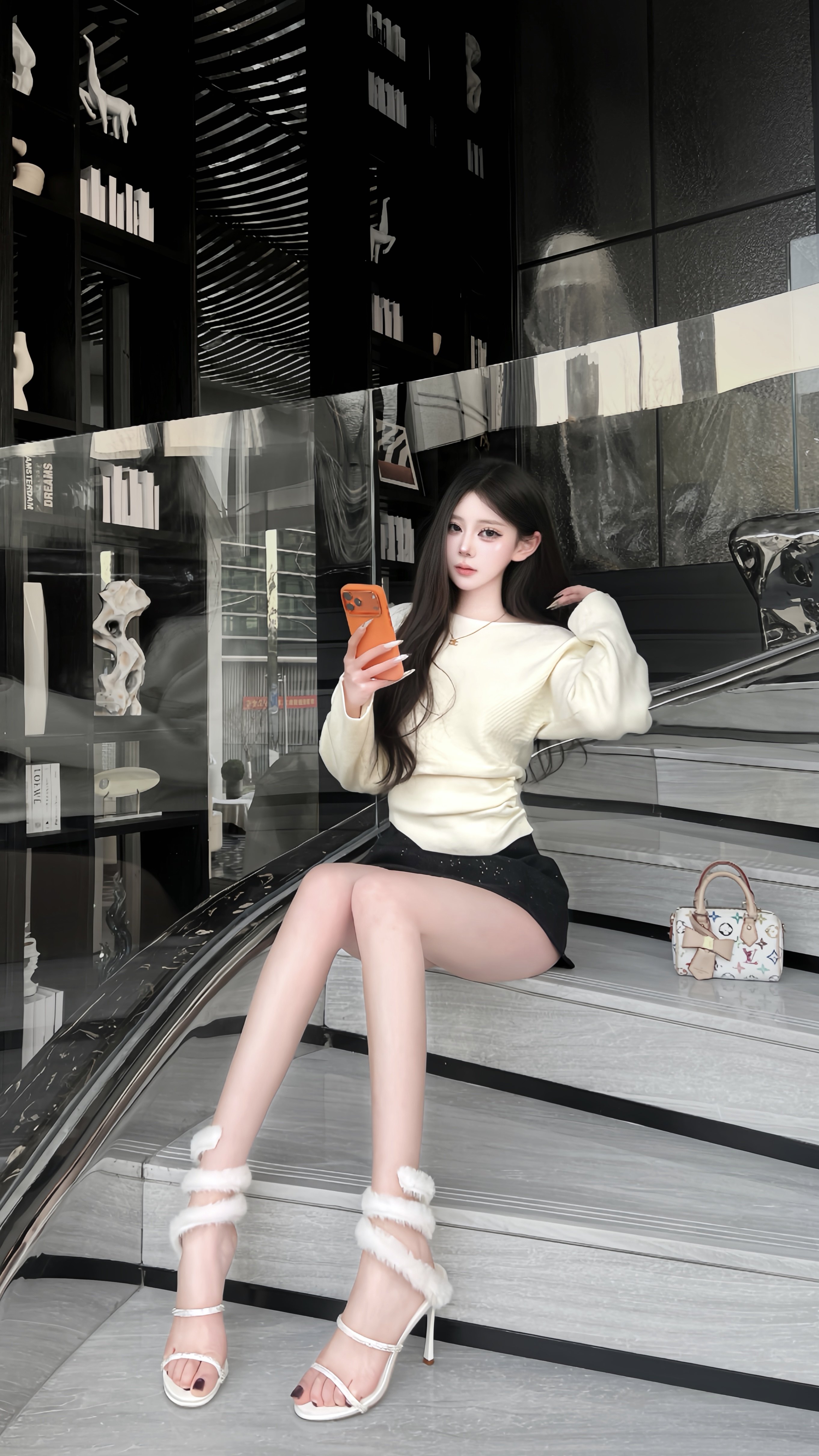 周章章"嘉顿斯"秋冬白色毛衣,斜肩收腰设计穿出温柔高级感