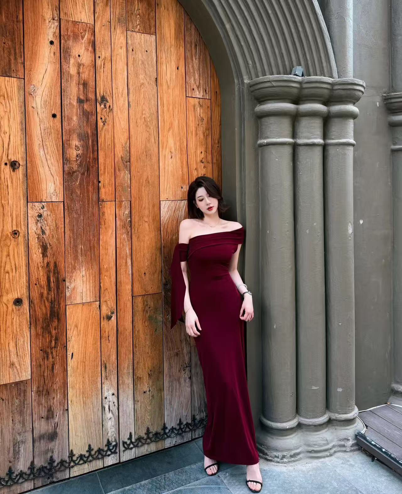 GRACE欧美小店kylie同款晚礼长裙 不对称斜肩飘带设计 露肩御姐风性感迷人