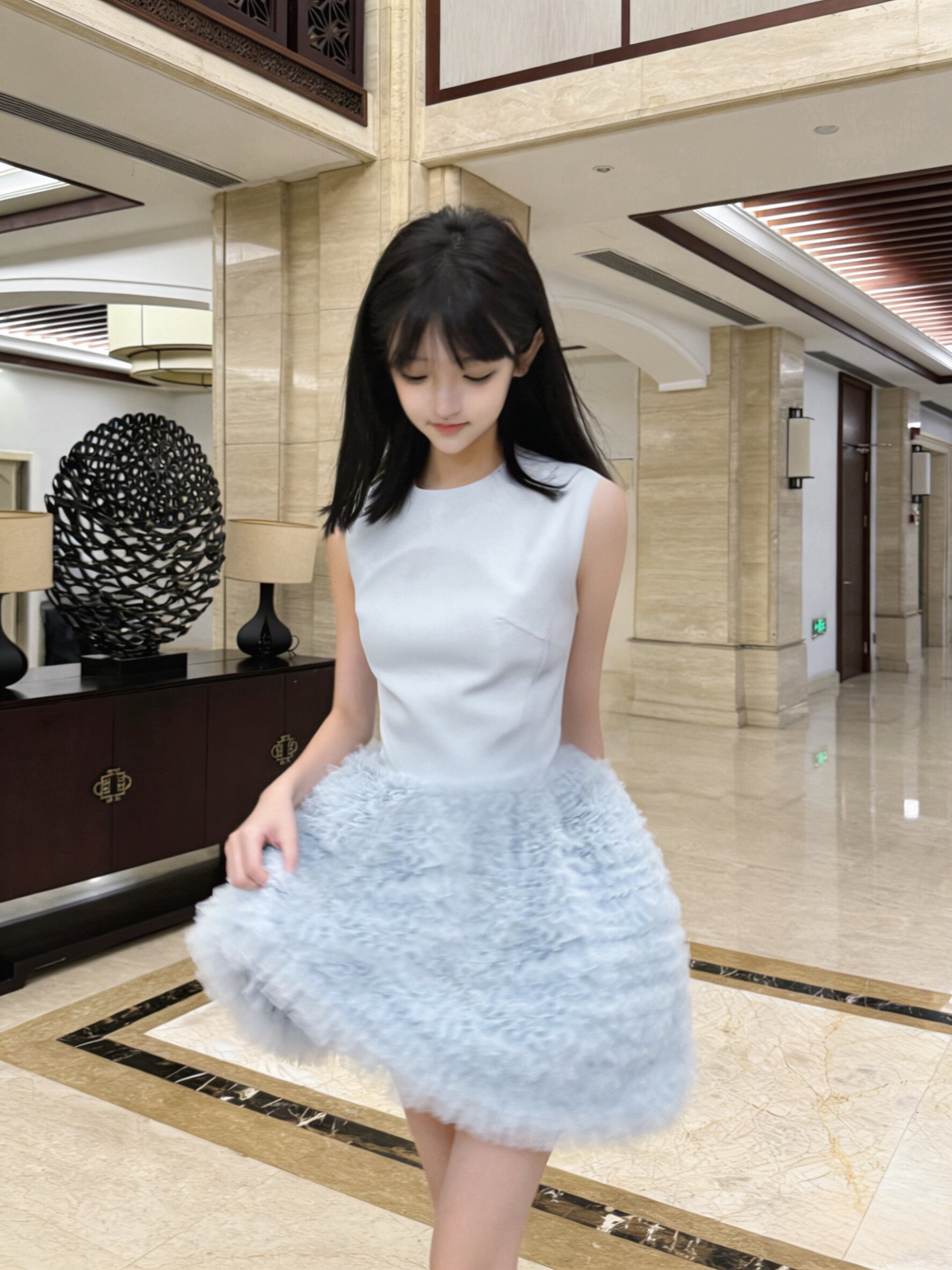 avenement气质网纱蛋糕裙 蓝色蓬蓬短裙设计 生日礼服或日常出街都吸睛