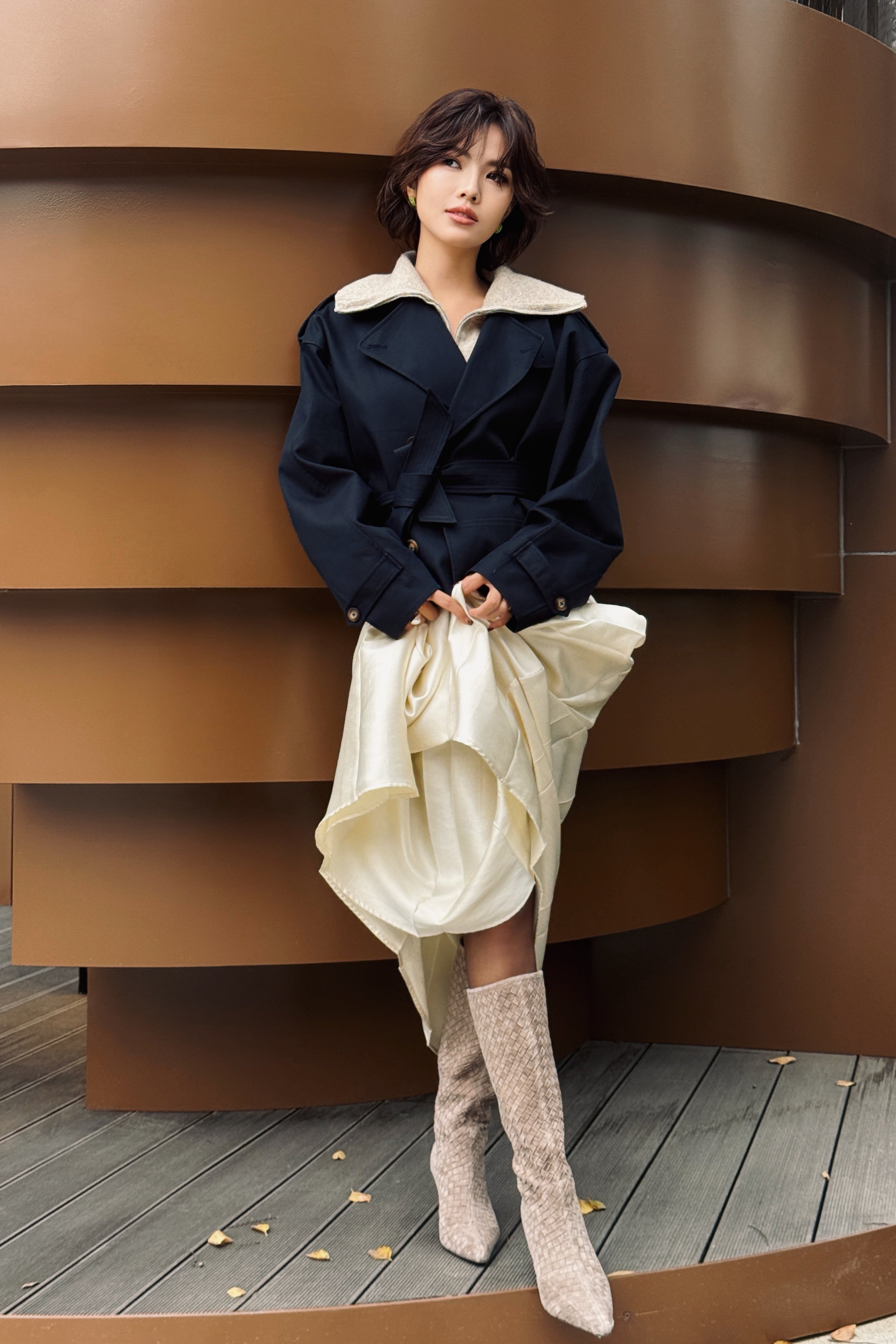 Le' Murmure冬季时尚羊反绒长筒靴堆堆设计慵懒随性 高跟拉长腿部比例