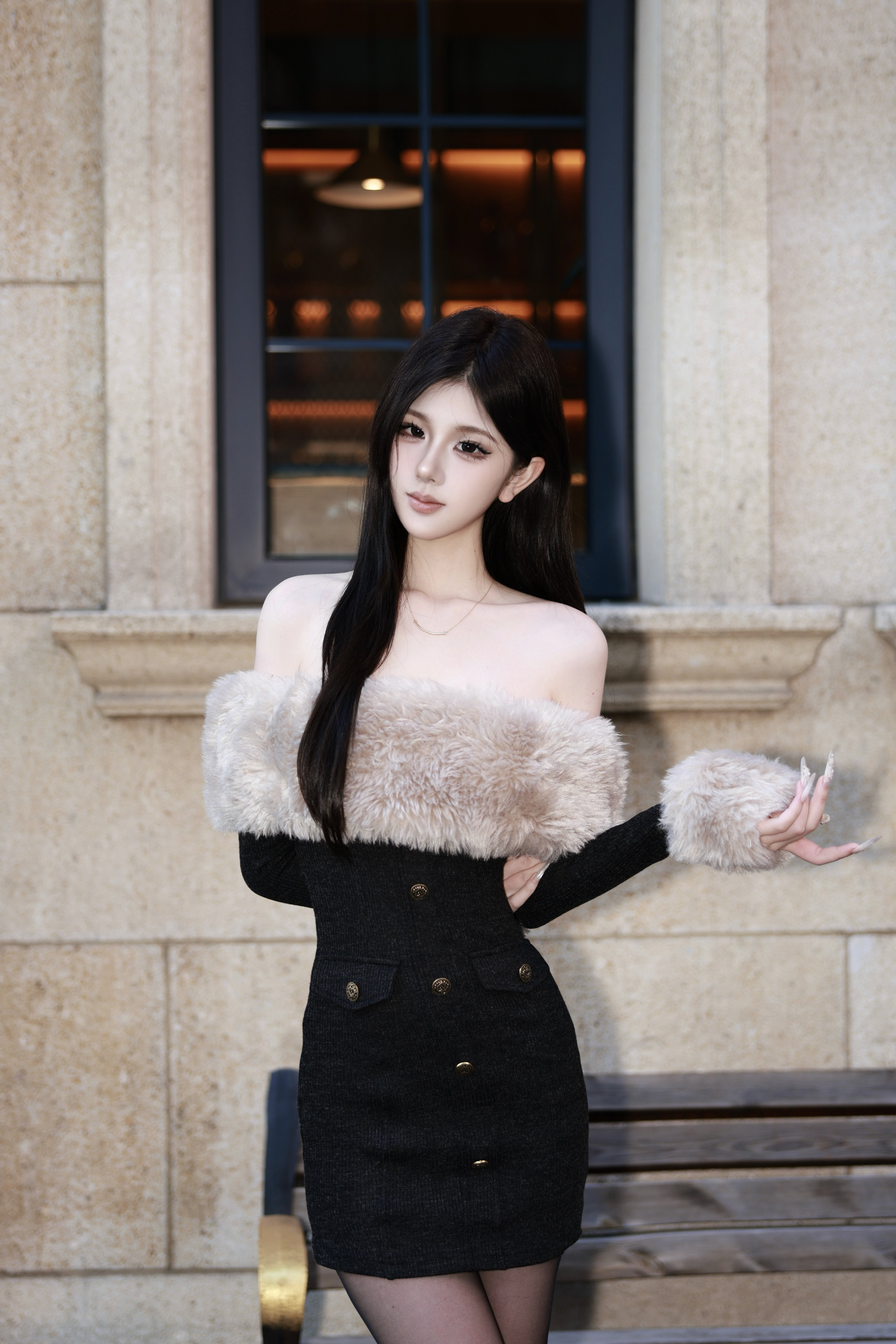 CYNR原创设计富家千金性感毛领一字肩连衣裙修身显瘦包臀针织短裙