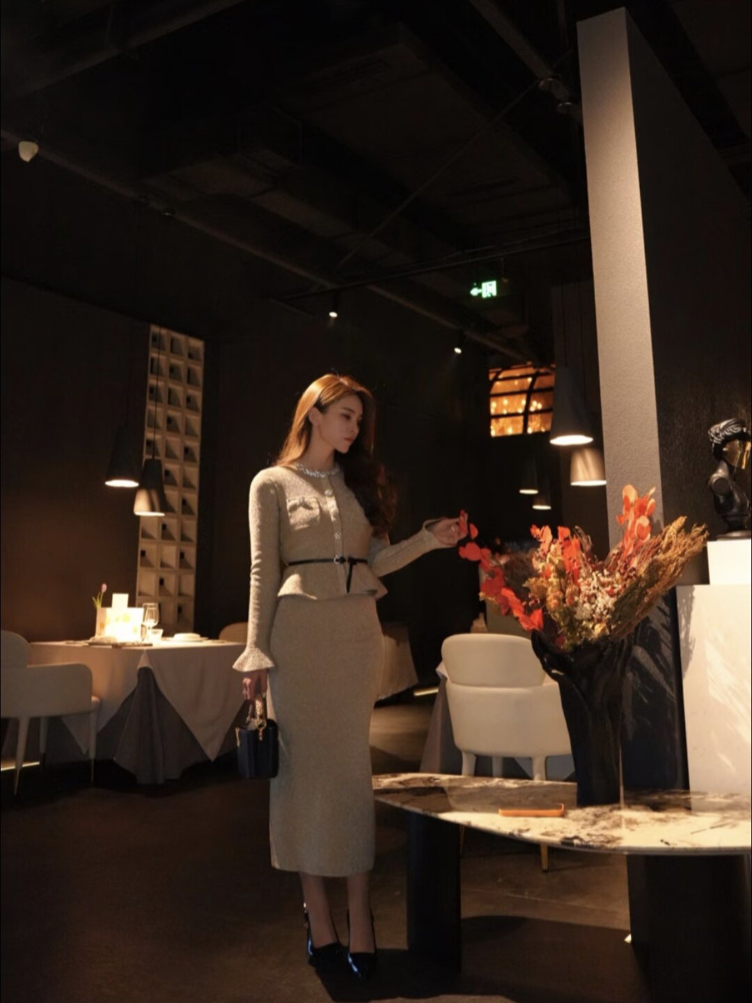 ORG朱珠同款金色亮丝连衣裙，荷叶袖收腰剪裁小香风针织面料质感高级