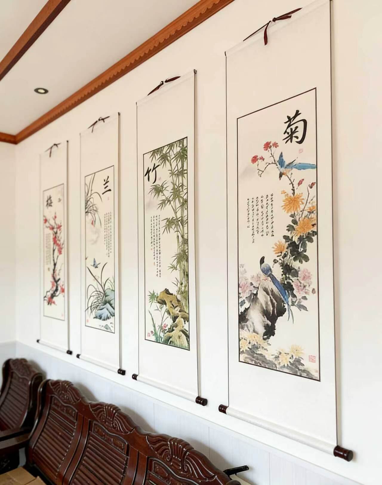 新中式梅兰竹菊字画客厅装饰国画四条屏已装裱长条国画挂画-Taobao-Tmall