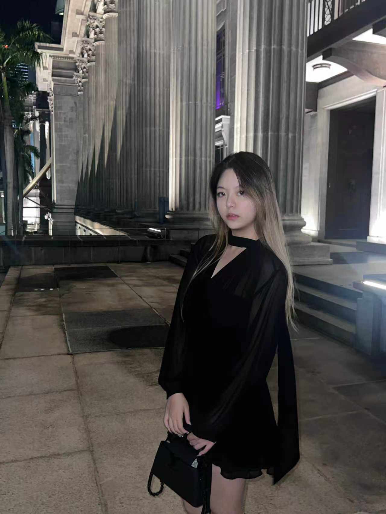 Fatalblow法式黑色飘带连衣裙 雪纺长袖轻盈飘逸 收腰A字裙摆遮肉显瘦