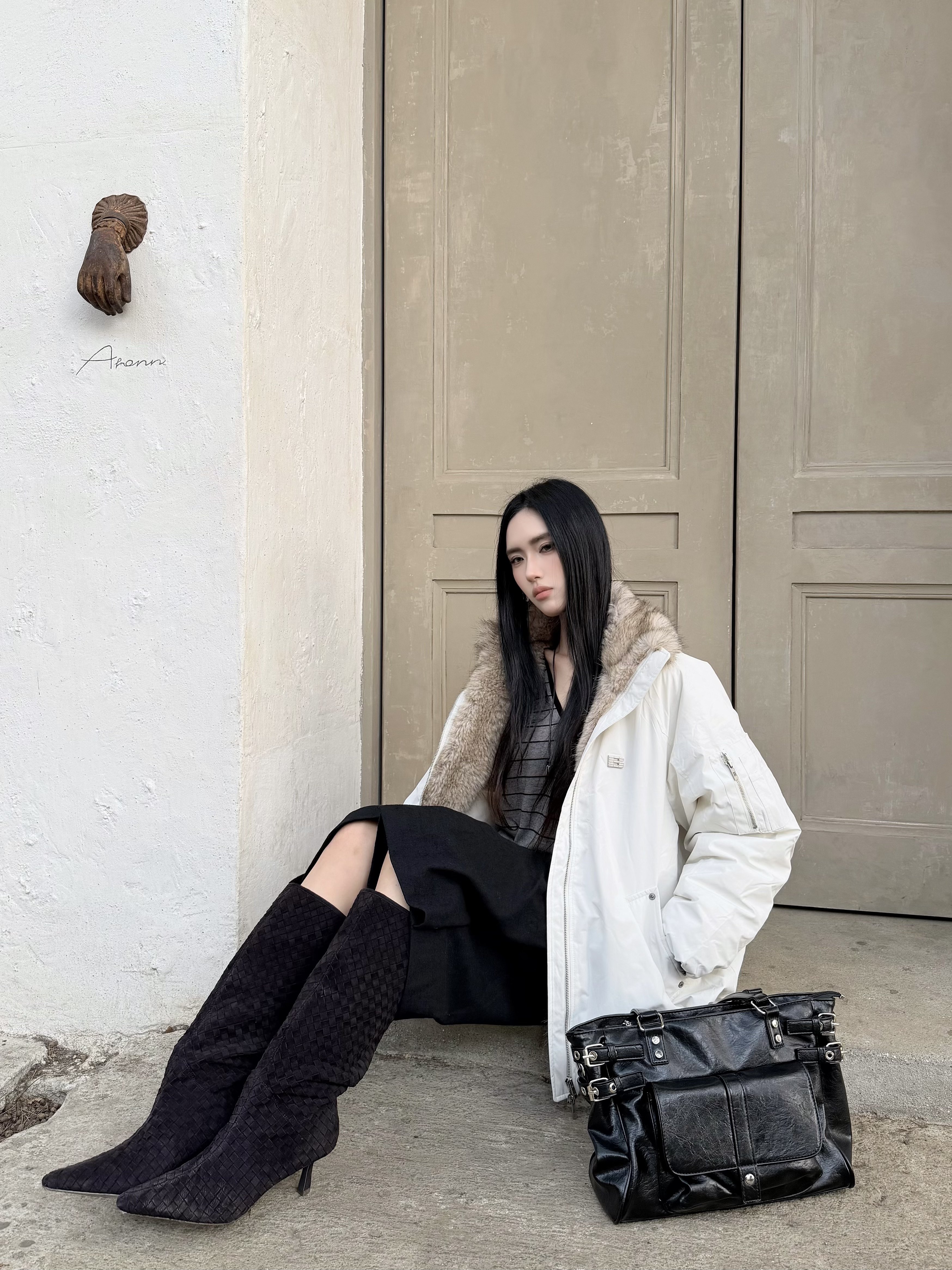 Le' Murmure冬季时尚羊反绒长筒靴堆堆设计慵懒随性 高跟拉长腿部比例