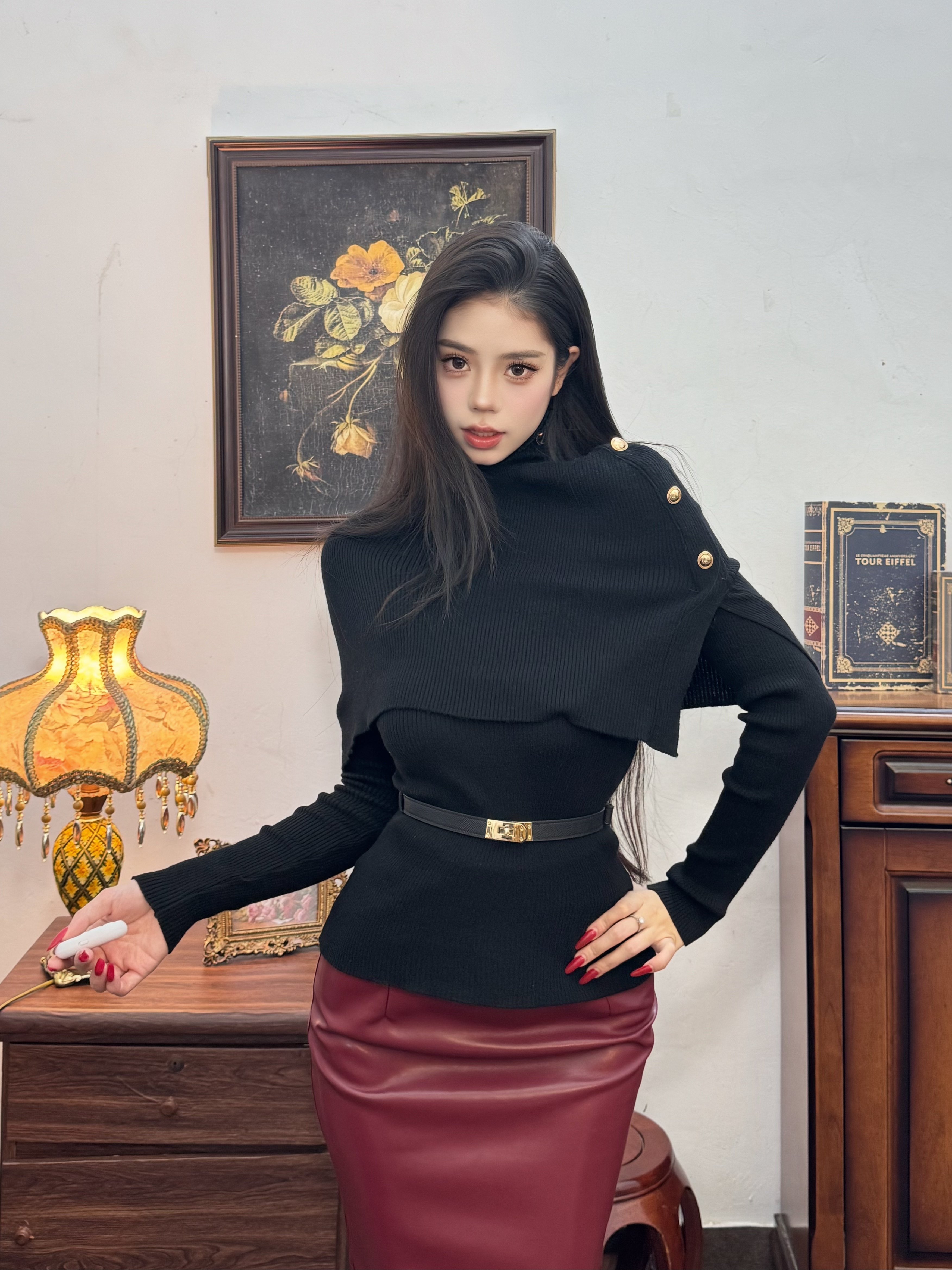 Young Girl Day韩系纯欲OL风 高腰显瘦PU皮包臀裙 中长款遮肉不压身高