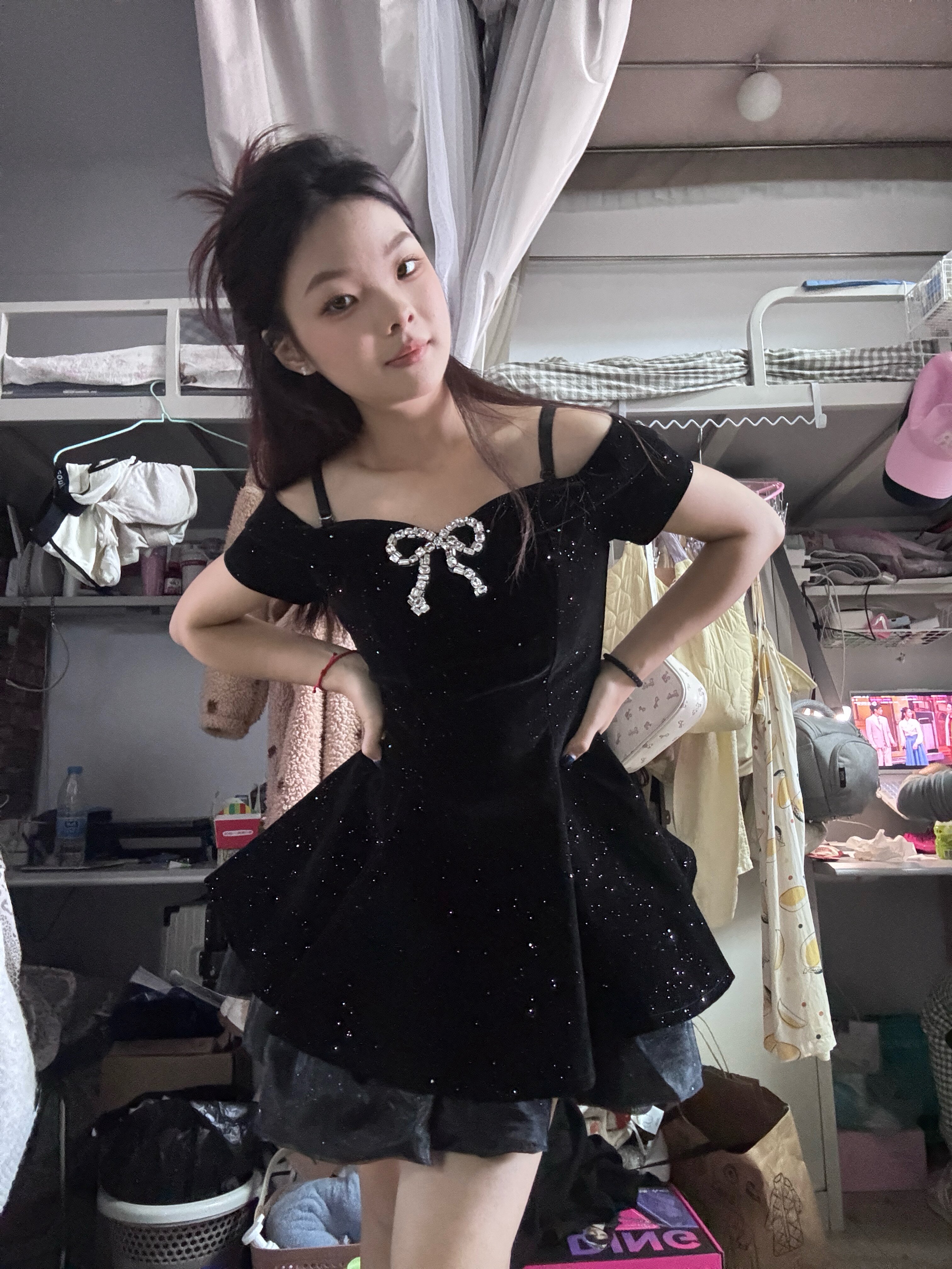 SYJ舒衣家微胖mm法式小黑裙 蓬蓬裙摆遮肉显瘦 收腰设计勾勒腰线生日礼服