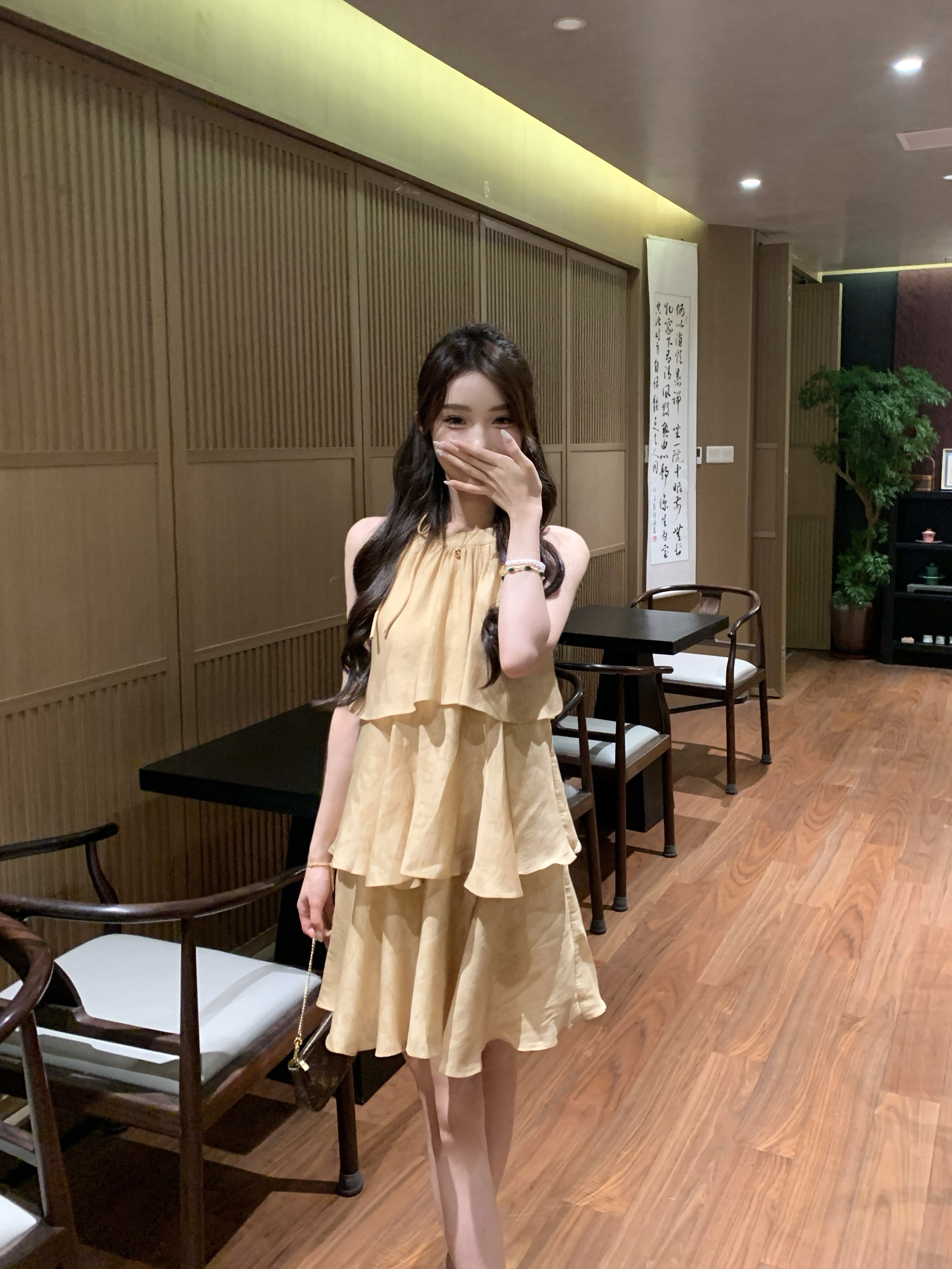 VIAPITTI夏季新中式蛋糕裙 暗纹花卉设计高级显瘦 宽松版型遮肉舒适