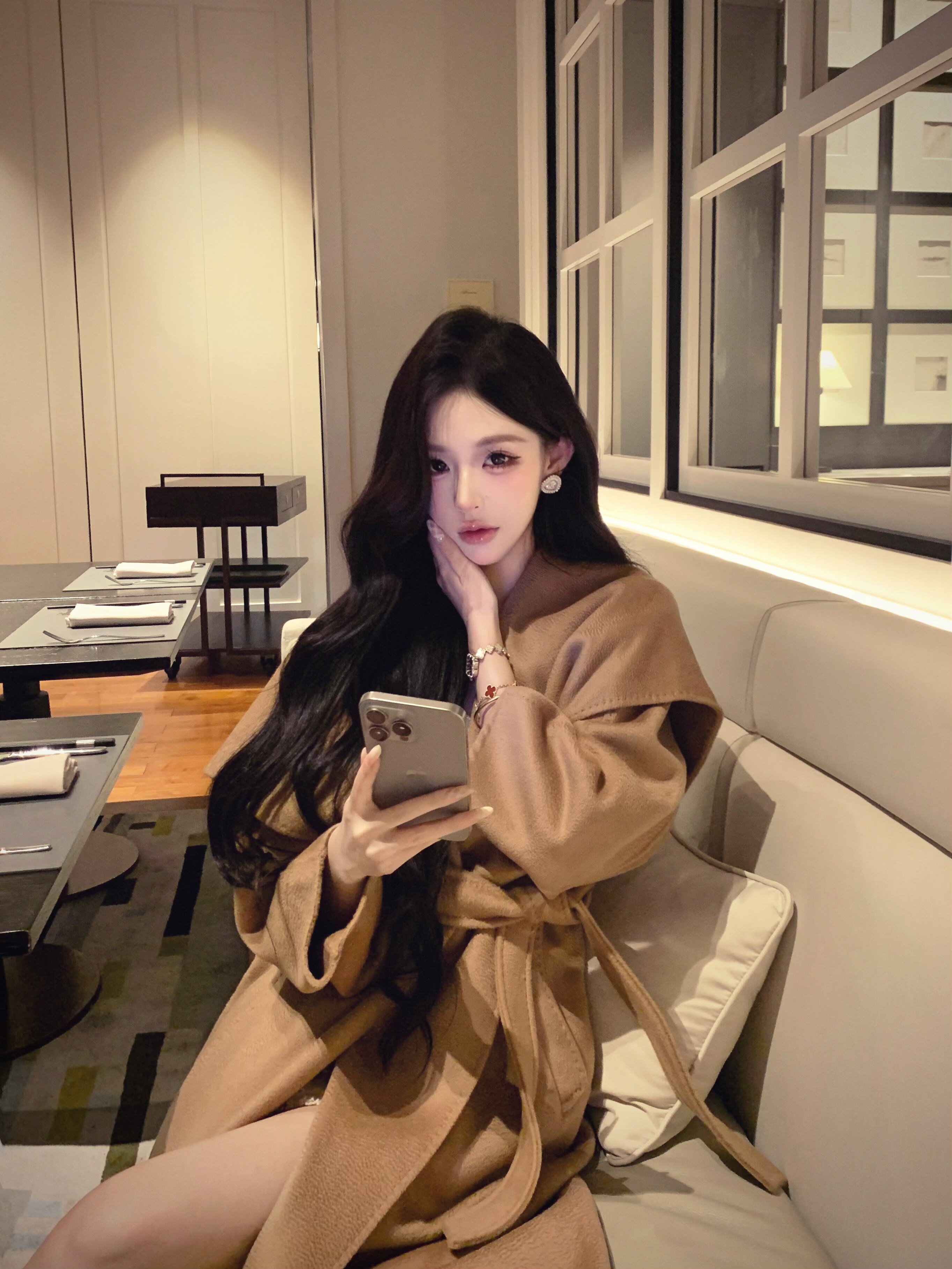 JIUCHIC|M家Rienza大翻领双面水波纹山羊绒大衣