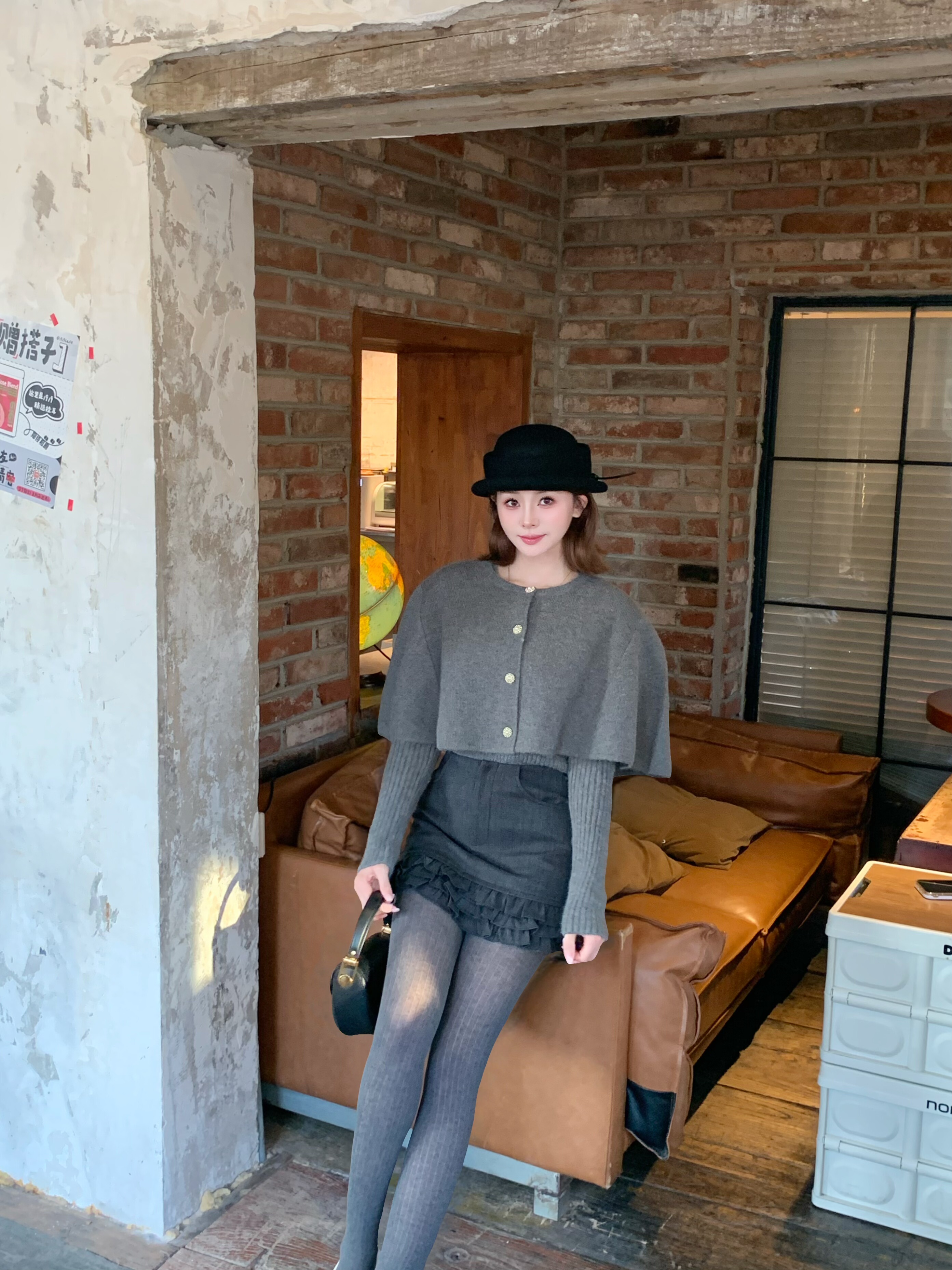 OYFF凡凡【小步舞曲】灰色套装,斗篷式廓形披肩A字短裙三件套设计省心