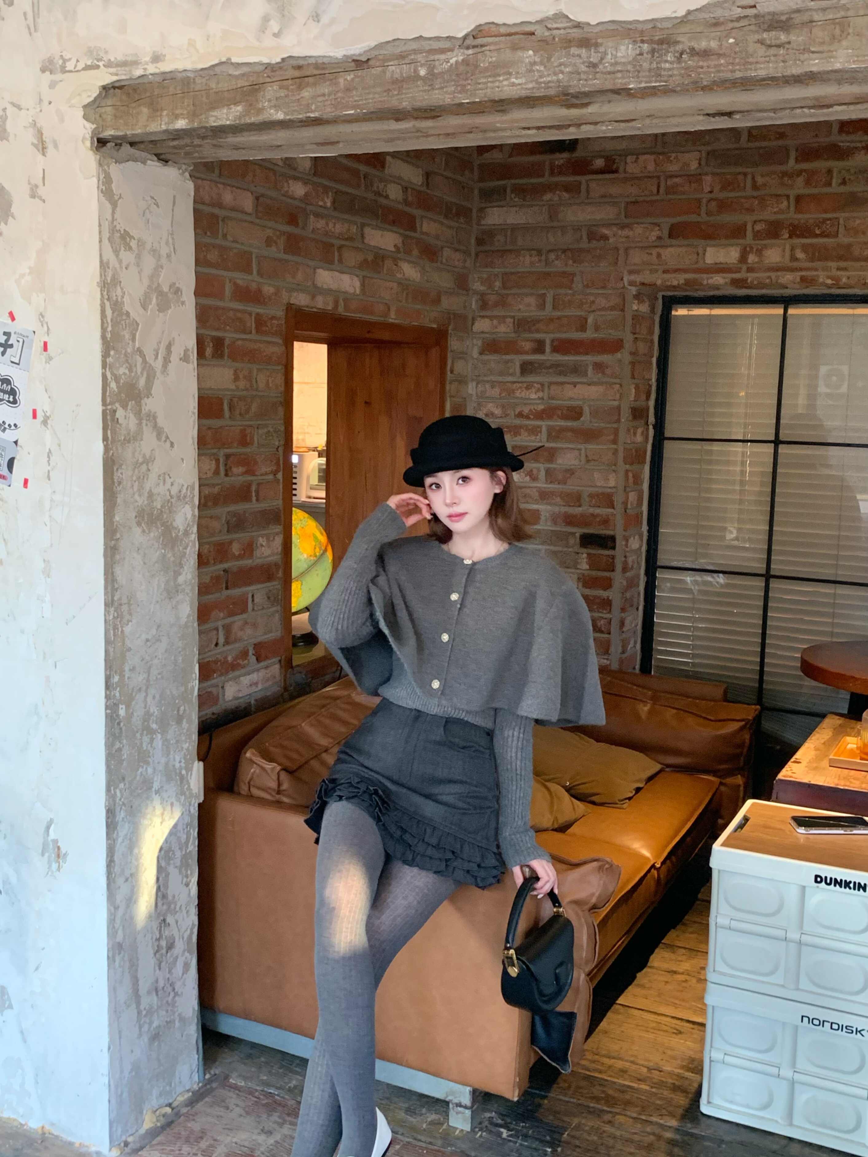 OYFF凡凡【小步舞曲】灰色套装,斗篷式廓形披肩A字短裙三件套设计省心