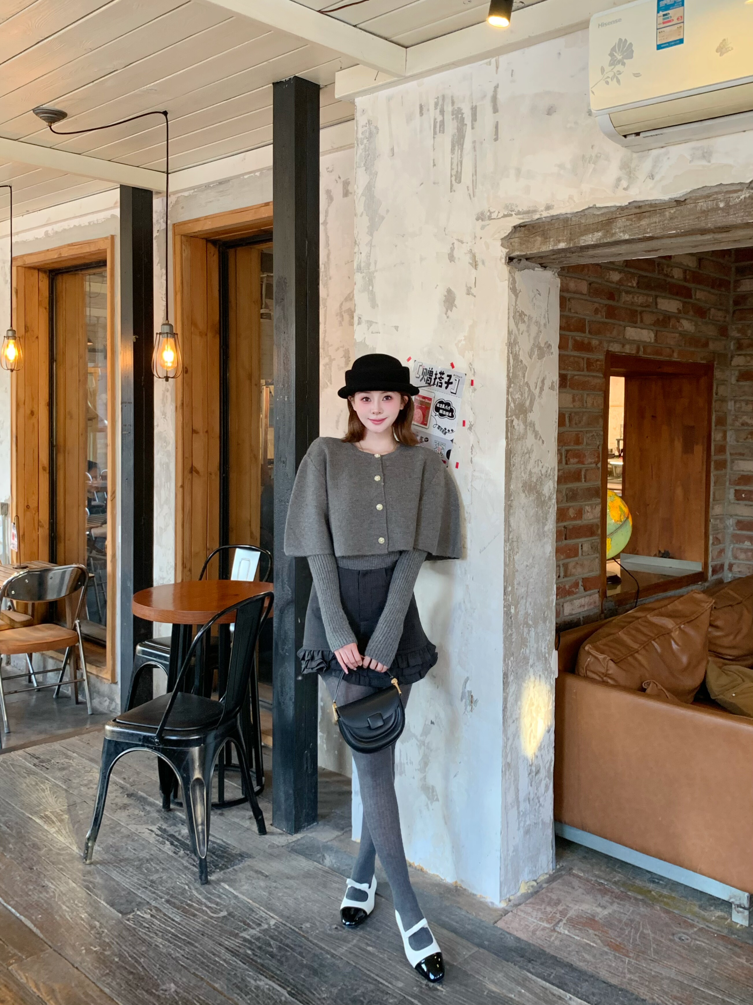 OYFF凡凡【小步舞曲】灰色套装,斗篷式廓形披肩A字短裙三件套设计省心