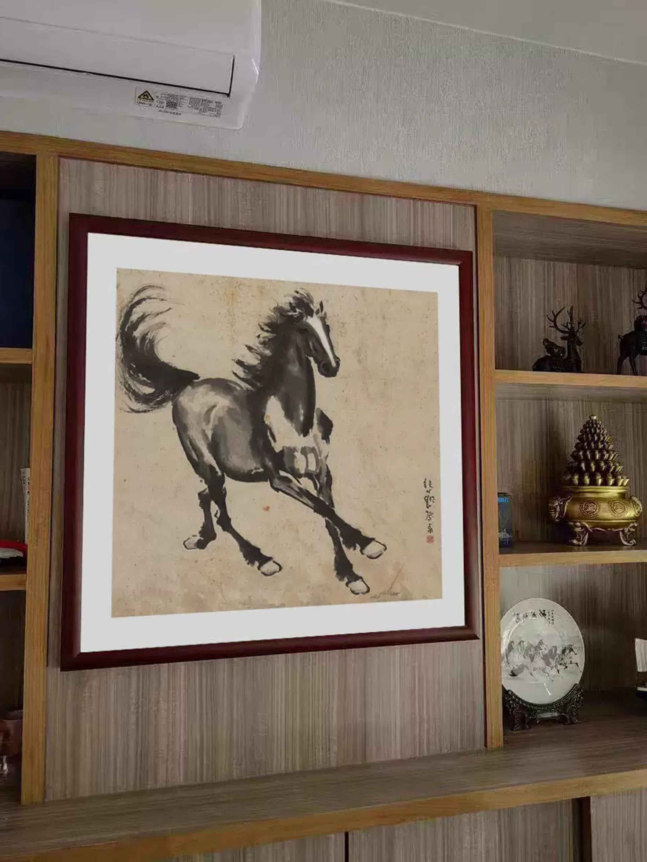 國畫水墨畫徐悲鴻駿馬圖鬥方書法字畫玄關裝飾畫中式客廳飯廳掛畫