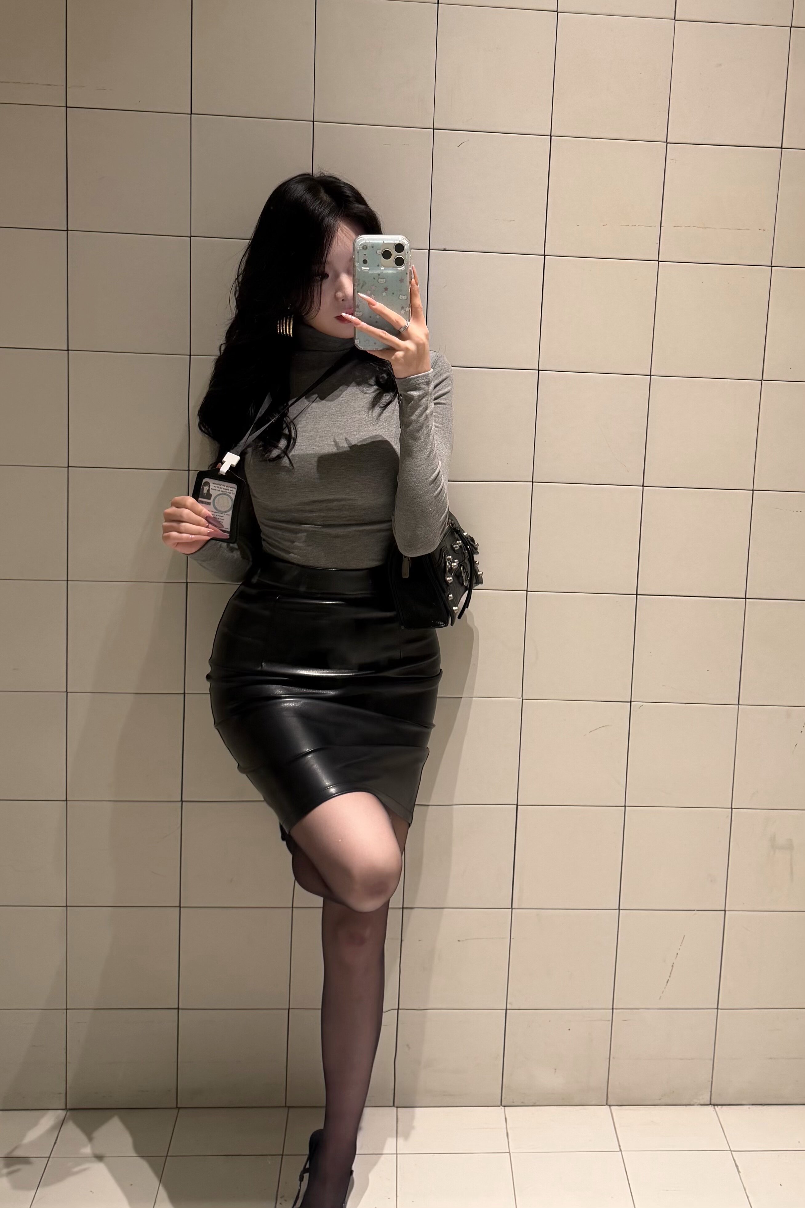 Young Girl Day韩系纯欲OL风 高腰显瘦PU皮包臀裙 中长款遮肉不压身高