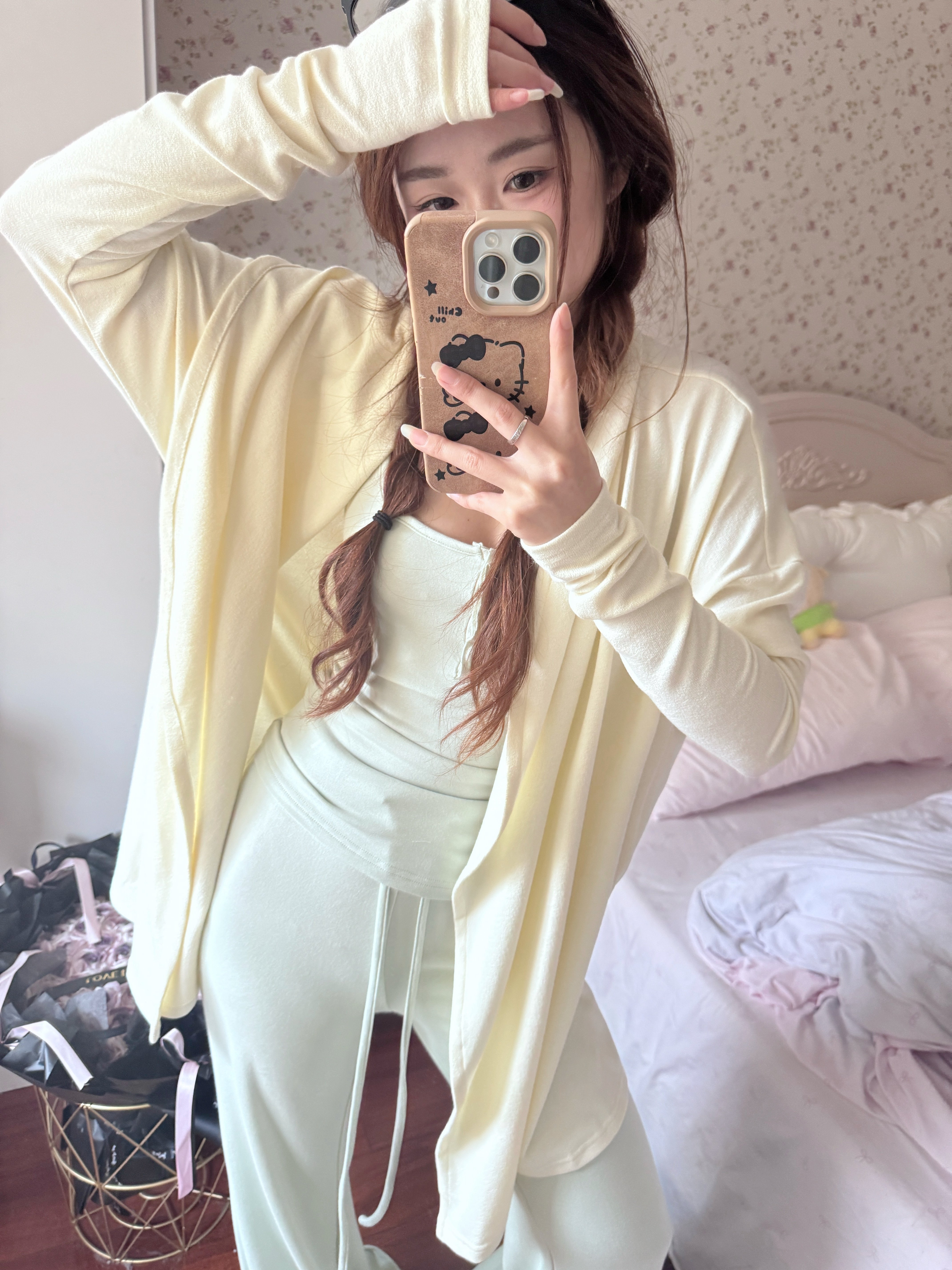 黑泽玄七2026春季微胖mm专属套装，吊带+开衫+休闲裤三件套宽松慵懒风遮肉显瘦