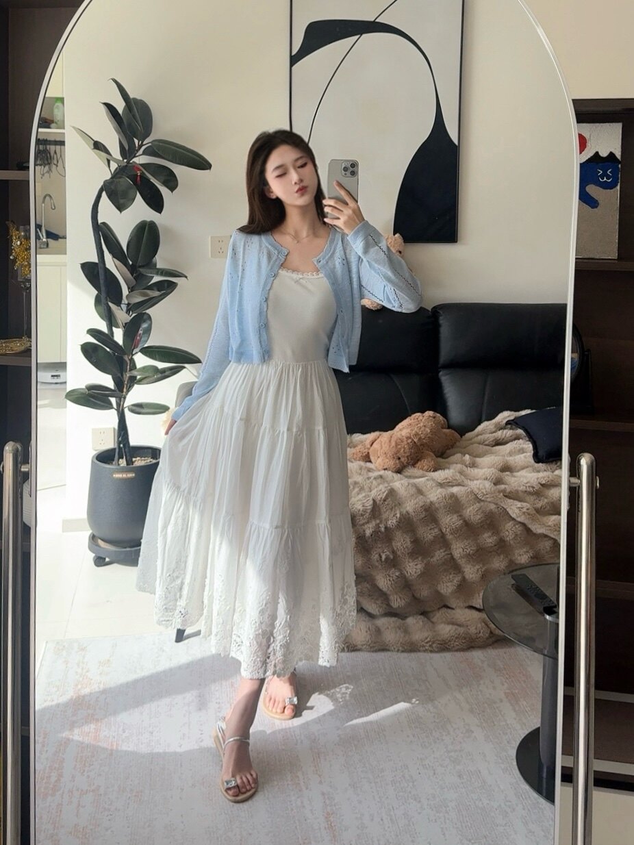 曾小咸韩系蓝色吊带镂空针织开衫 短款设计拉长比例透气防晒不闷热