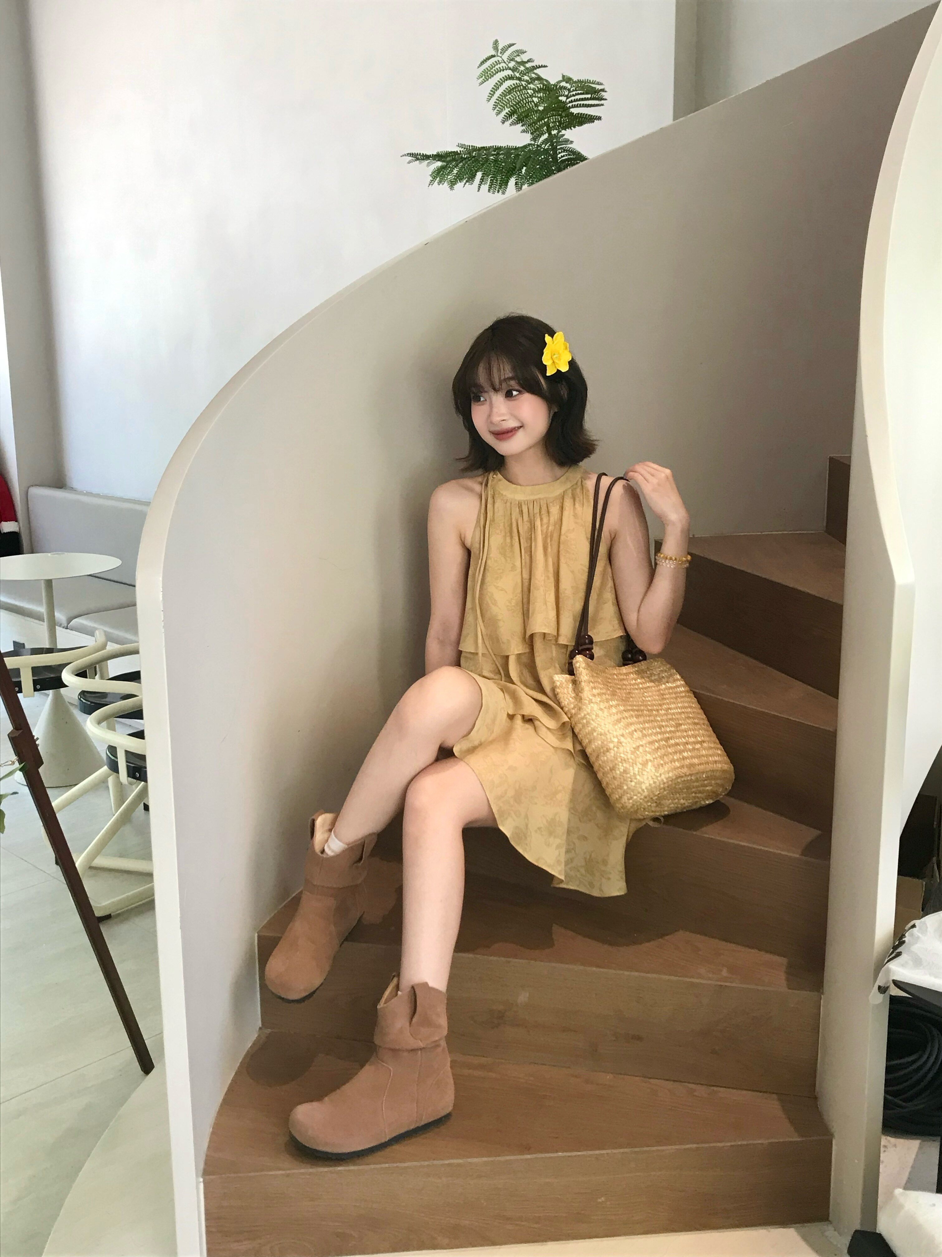 VIAPITTI夏季新中式蛋糕裙 暗纹花卉设计高级显瘦 宽松版型遮肉舒适
