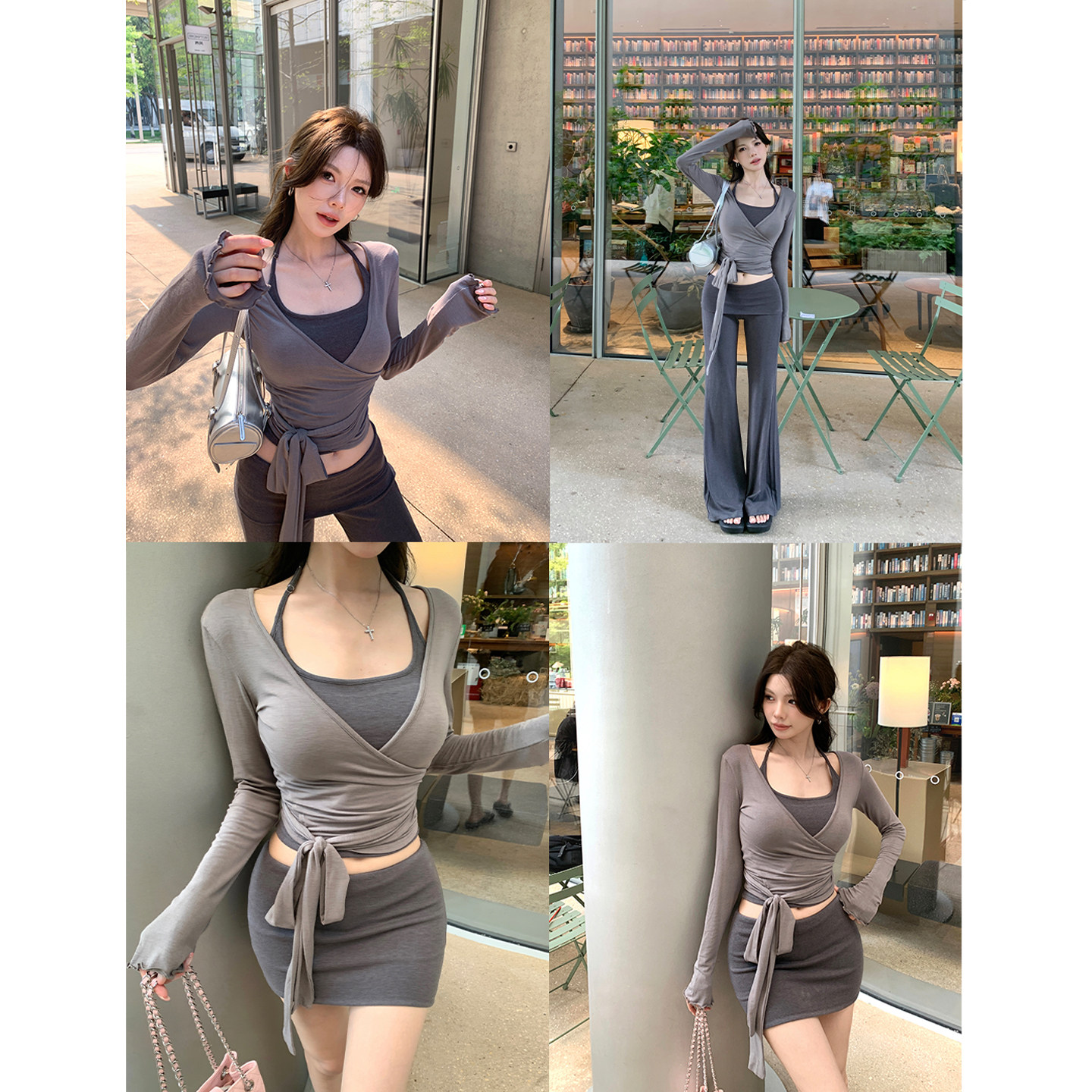 Lolisa Korean-style ballet-inspired women's halter neck suspender belt waist-cinching cardigan casual flared pants and skirt