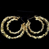 Gold-plated slub double ring large hoop earrings for nightclubs