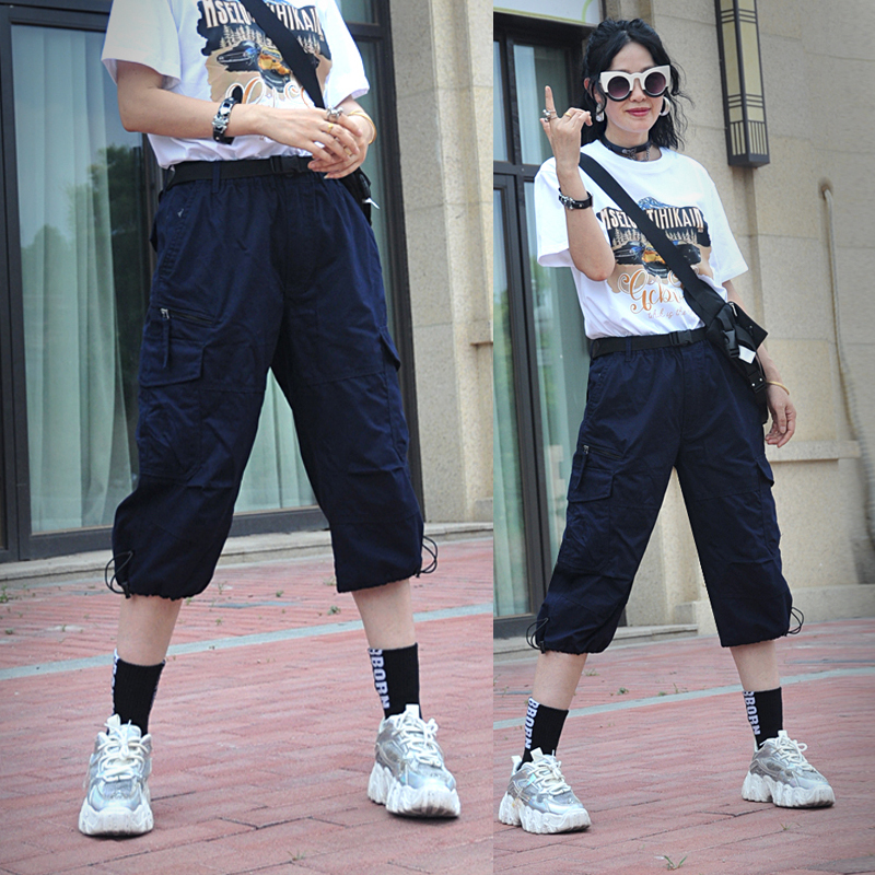 High Street Cropped Cargo Pants 2025 Thin Summer Women's Elastic Waist Unisex Casual Straight-Leg Pants