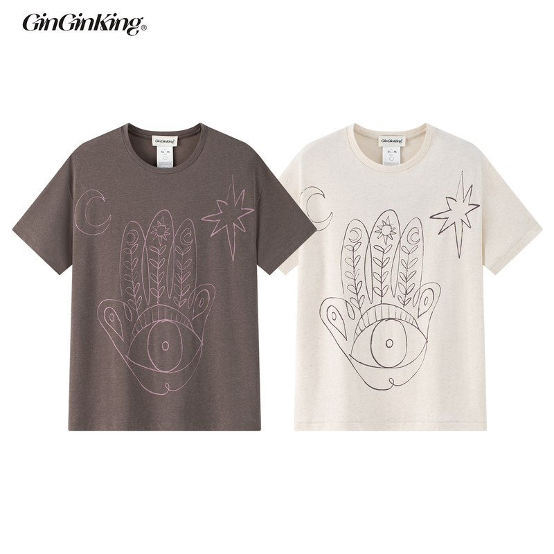 Ginginking丨Hamsa Cotton and Linen Blend Loose Short-Sleeved T-Shirt for Summer Yoga, Sports and Leisure