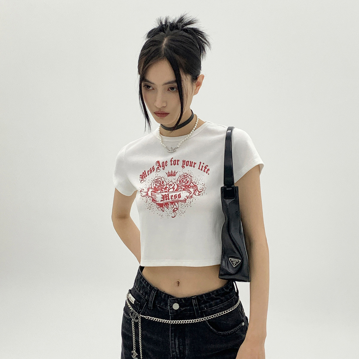 MessAgeLab Summer New American Hot Girl Short Sleeve BM Wind Short a T-shirt for men and women with the same mistress