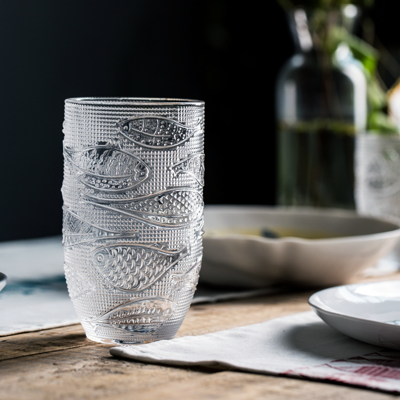 Porcelain soul home transparent glass blue fish embossed glass creative breakfast milk cup of fruit juice cup restoring ancient ways