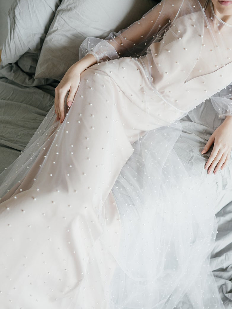 Two-piece pearl blouse simple super fairy long-sleeved light wedding dress brigade shoot out welcome gauze bridal dress