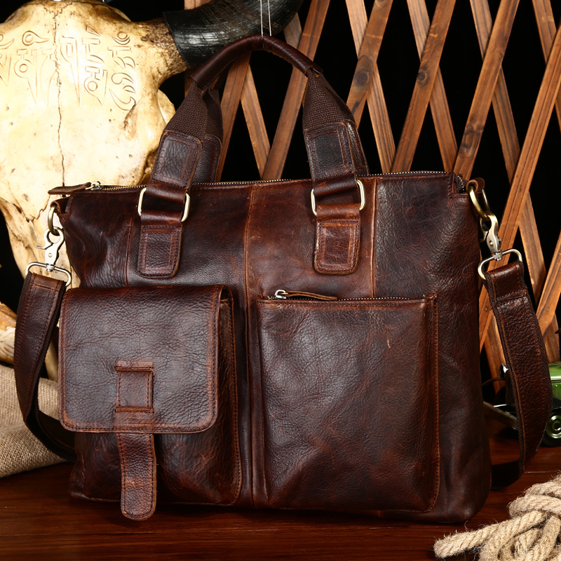 Original men's genuine leather handbag mad muppie man bag Single shoulder Baotou layer Ox Leather Skew Satchel Pen electric bag