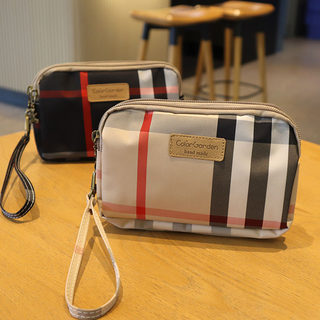 经典格纹防水牛津布零钱包大容量手拎手机包双层零钱包收纳化妆包