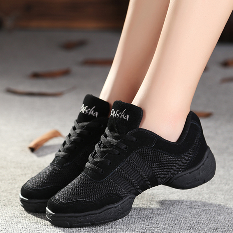 Black Mesh Jazz Dance Shoes, Breathable Mesh Surface, Adult Women's Fitness Ghost Step Sneakers, Square Dance Shoes with Height Increase
