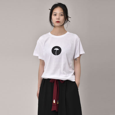 Lotus print Dreamless Chinese style summer pure cotton round-neck T-shirt for men and women, ins loose couple tops, short sleeves