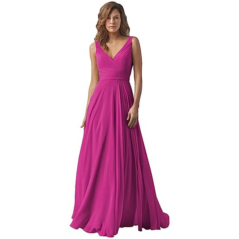 Foreign Trade Amazon Women's Shoulder V Neck Chiffon Strap Bridesmaid Dress Long A-Hem Pleated Skirt Formal Evening Dress