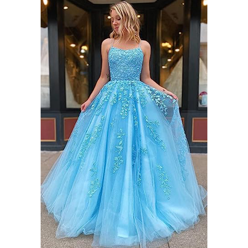 Italian Spaghetti Straps Lace Car Flower Prom Dress Long Prom Dress Pakless Tulle Formal Evening Dress