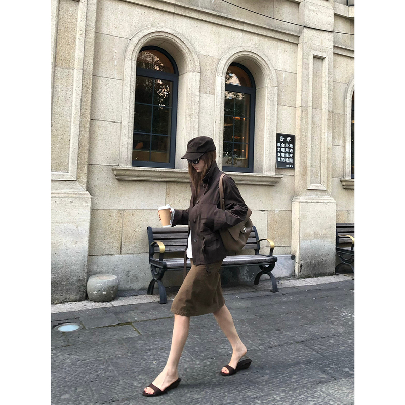 Fangting Dark Brown Trench Coat for Women, Autumn Lace-Up High-End Silhouette Casual Loose Long-Sleeve Top