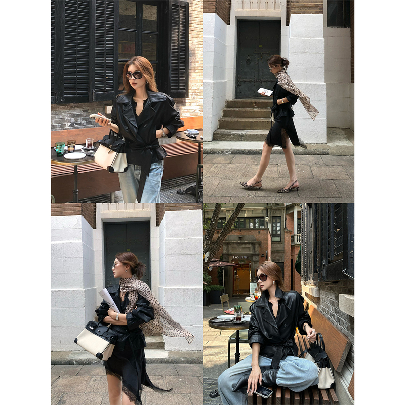 Fangting Black Leather Jacket for Women, Autumn Turn-Down Collar, Double-Breasted, Loose Long-Sleeve, Cool Biker Jacket Fangting Black Leather Jacket for Women, Autumn Turn-Down Collar, Double-Breasted, Loose Long-Sleeve, Cool Biker Jacket