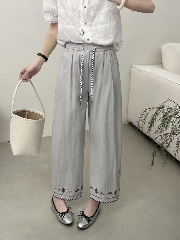 1623 European Goods [Paper-Like Stretch Cotton] National Style Embroidered Nine-Point Pants